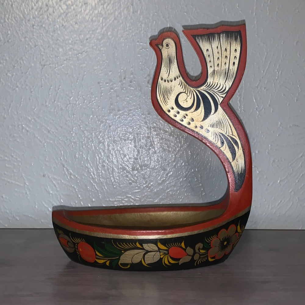 Handmade in USSR, Vintage Khokhloma Painted Wood Bird Dish